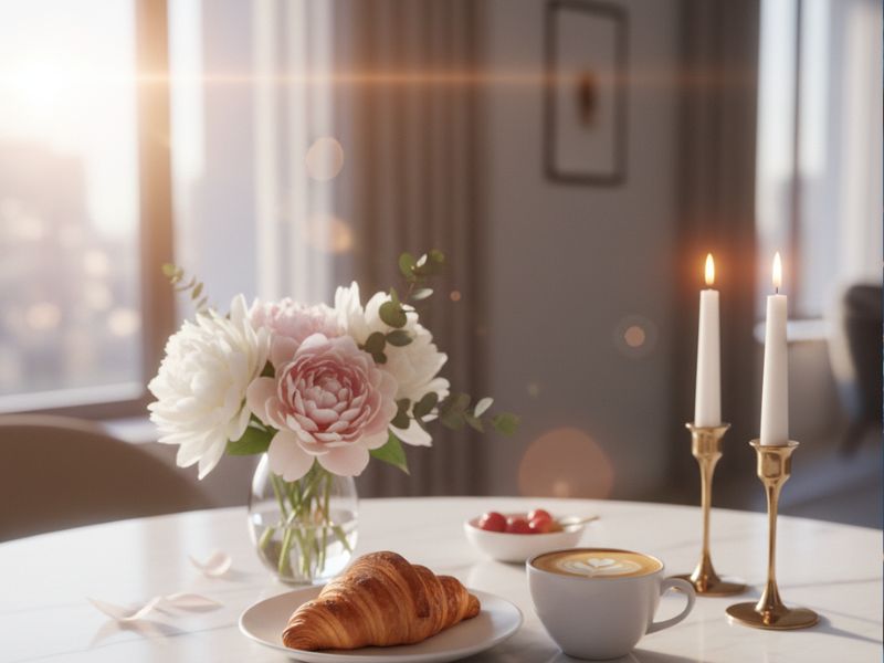 Cozy morning ritual that reflects budget-friendly luxury tips—simple indulgences like fresh pastries, warm lighting, and intentional ambiance.