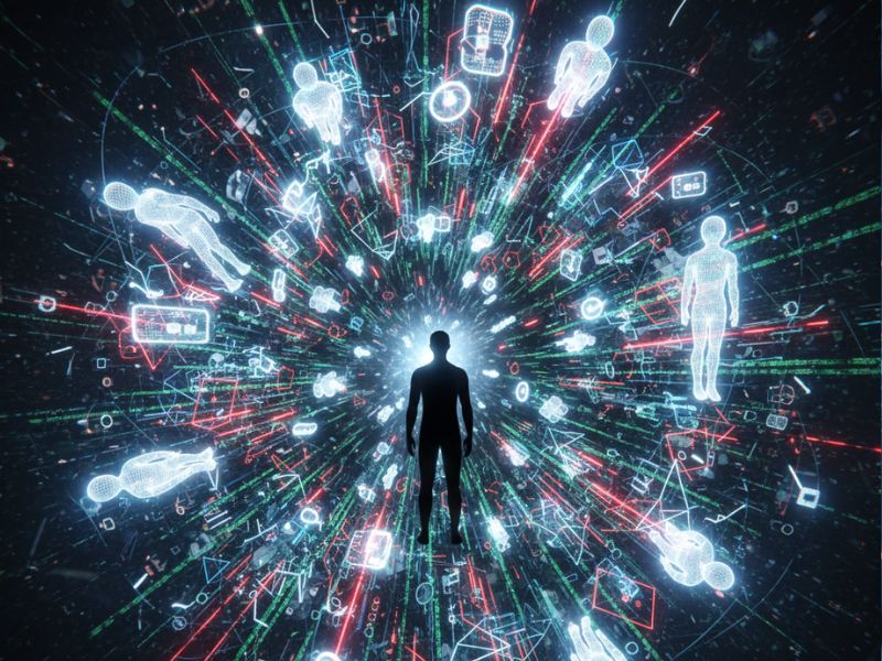 Visual metaphor for digital transformation featured in an ai tool roundup—human at the center of holographic data streams and virtual interfaces.