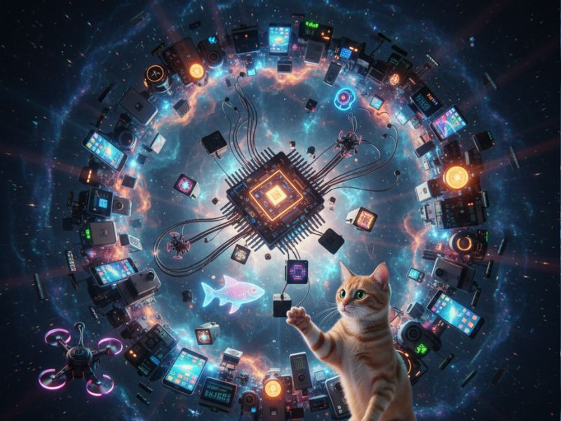 Whimsical moment in an ai tool roundup—everyday life meets advanced tech as a curious cat explores floating data blocks and a central chip.