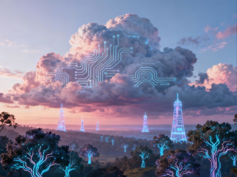 Conceptual visual from an ai tool roundup illustrating cloud computing and digital infrastructure with embedded circuits and holographic towers.