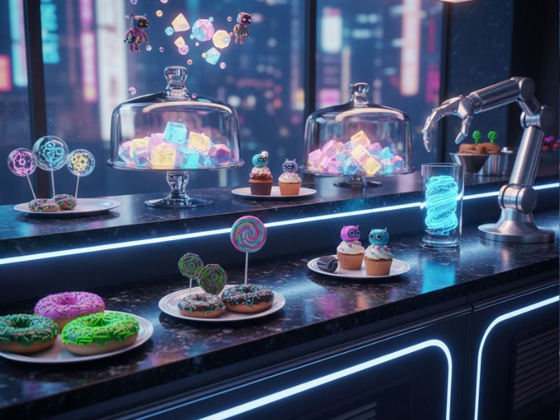 Surreal dining scene from an ai tool roundup—smart kitchens and augmented reality meals blend tech with lifestyle in a glowing interface.