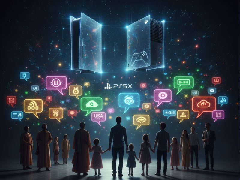 PS5 vs Xbox Series X surrounded by social media icons and players watching large screens, highlighting online interaction and fan communities