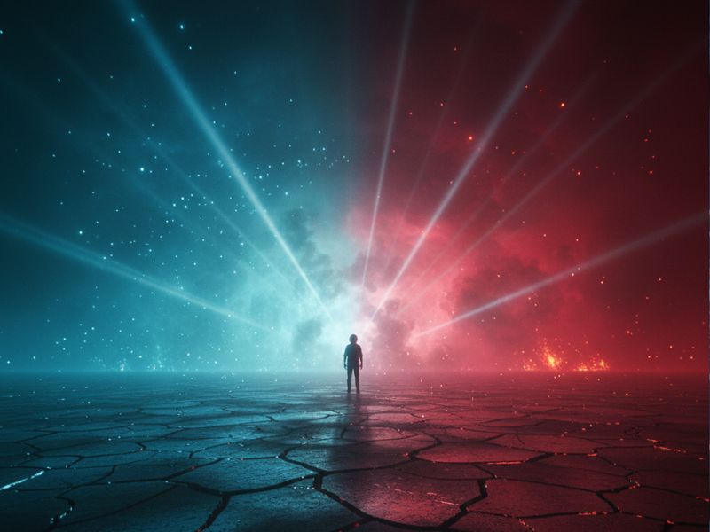 Stranger Things Season 5 Netflix image of a person standing on cracked ground as beams of red and blue light converge, representing destiny, conflict, and closure.