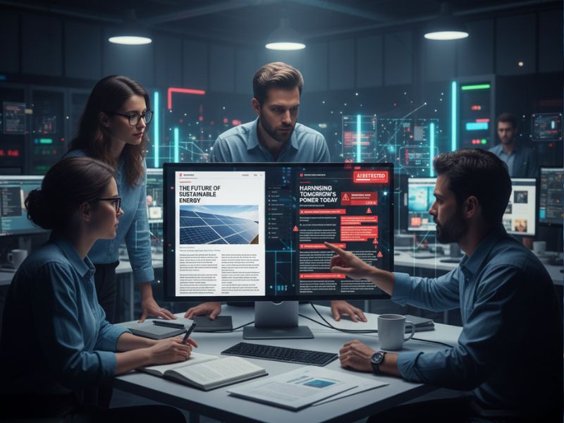 Modern office team collaborating on data using fact-checking AI dashboards and analytics tools