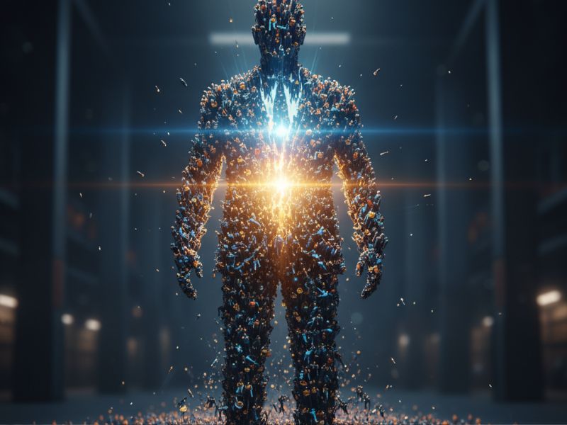 A glowing humanoid figure made of digital particles with light emanating from the chest—representing the integration of AI and human-centered leadership, possibly reflecting the Walmart new CEO’s tech-forward approach.