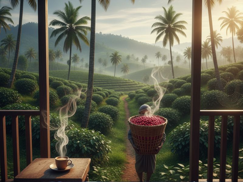 Misty tea gardens in Coorg with steaming chai—nature’s calm in November travel destinations India.