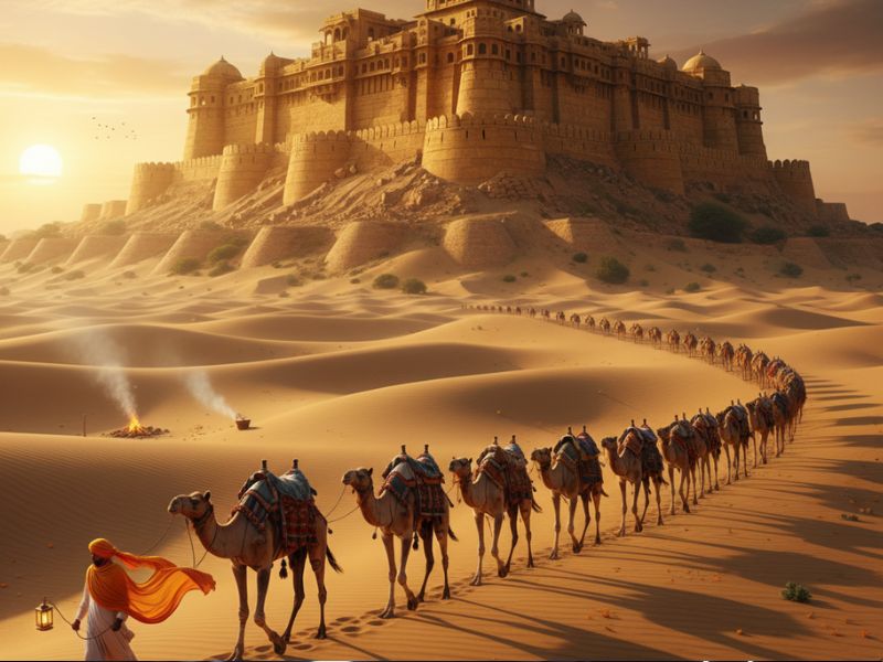 Golden desert caravan near jaiselmer hidden forts—unexpected beauty in November travel destinations India.