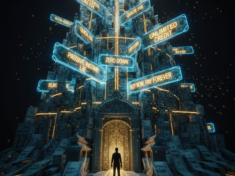 Person stands at a glowing crossroads of financial choices—symbolizing clarity after money myths debunked.