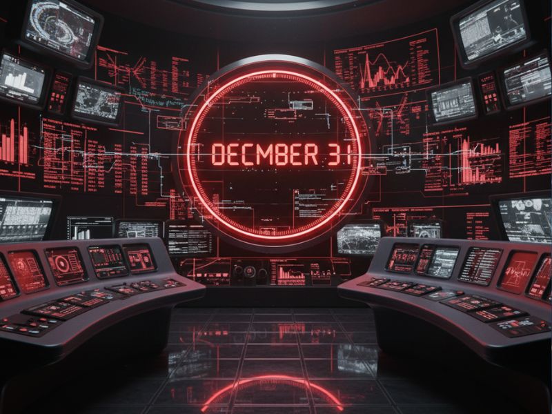 Stranger Things Season 5 control room glowing with red neon lights and a central display reading “December 31,” hinting at a dramatic countdown or release date.