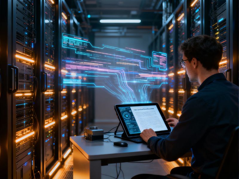 Engineer managing server infrastructure powering fact-checking AI systems and real-time data streams