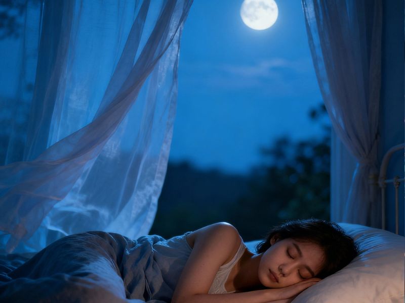 A person sleeping soundly in bed with moonlight streaming through a window and sheer curtains gently swaying—an ideal example of good sleep hygiene and a calming nighttime environment.