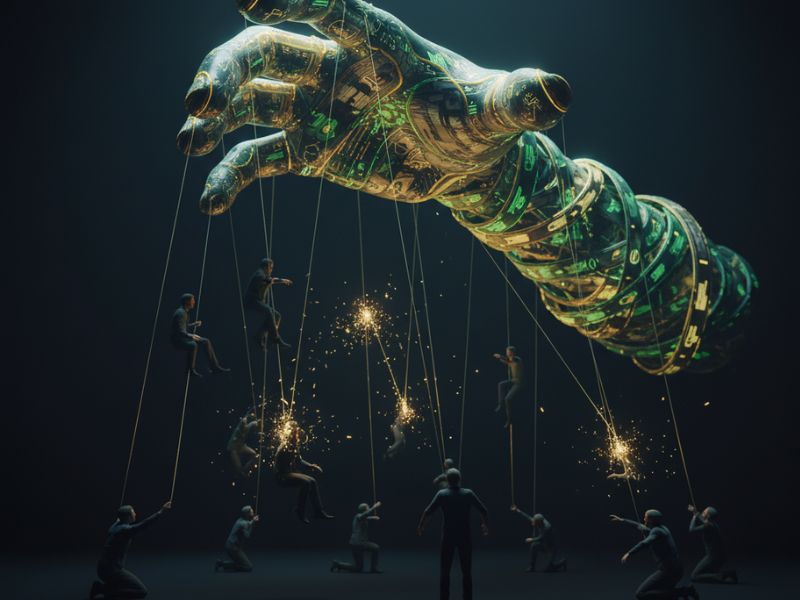 Giant digital hand pulling strings—revealing how money myths debunked free us from financial manipulation.