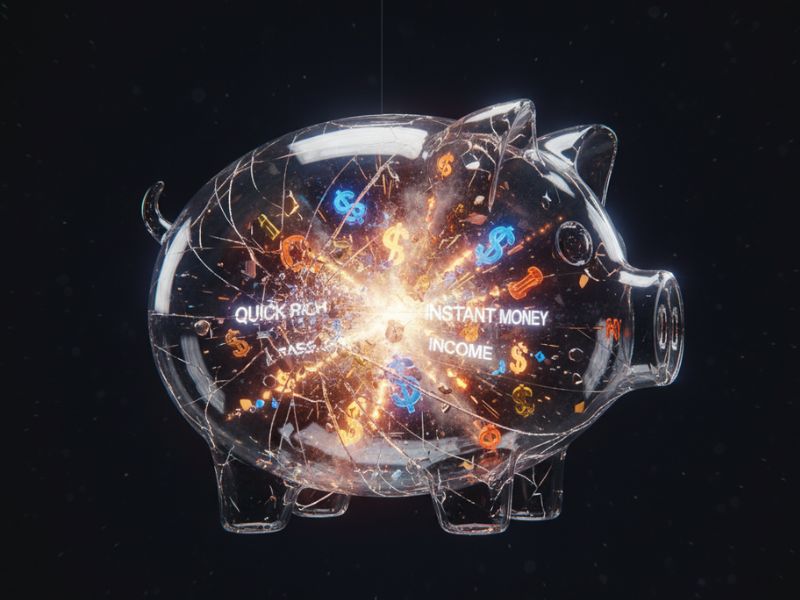 Transparent piggy bank bursts with currency symbols—visualizing the impact of money myths debunked in the digital age.