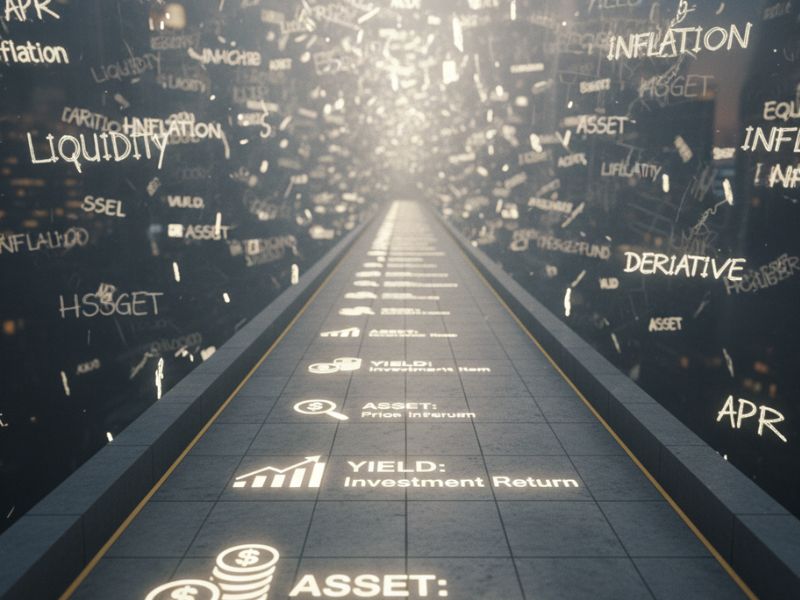 Futuristic pathway with floating financial terms like “Asset,” “Yield,” and “Target”—a symbolic journey of financial terms explained through visual clarity.