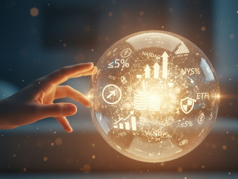 Hand reaching toward a glowing orb filled with financial icons and percentages—representing interactive learning with financial terms explained in real-time.