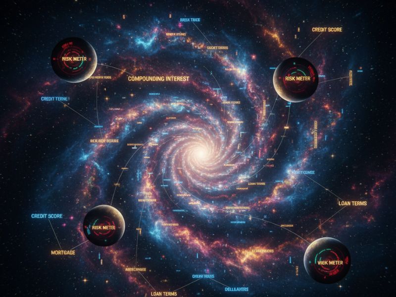 Spiral galaxy with orbiting terms like “Bonds,” “Stocks,” “Crypto,” and “Real Estate”—a cosmic visualization of financial terms explained across market sectors.