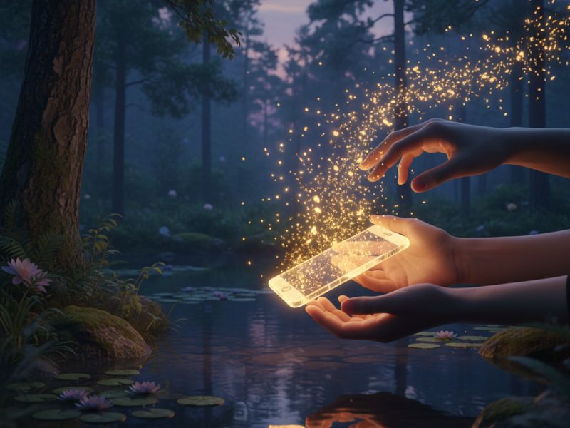 Hands open a glowing book in a tranquil forest—symbolizing digital detox through mindful reading and nature immersion.