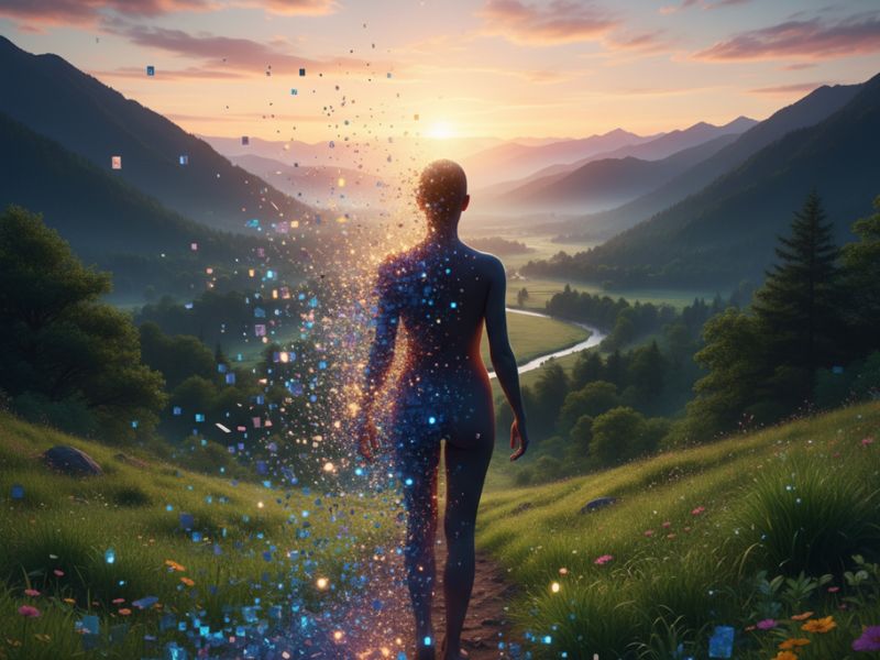 Silhouette standing in a lush valley at sunset—representing digital detox as a return to natural wonder and presence.