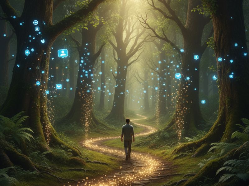 Figure walking a glowing forest path—evoking digital detox as a magical journey away from screen overload.
