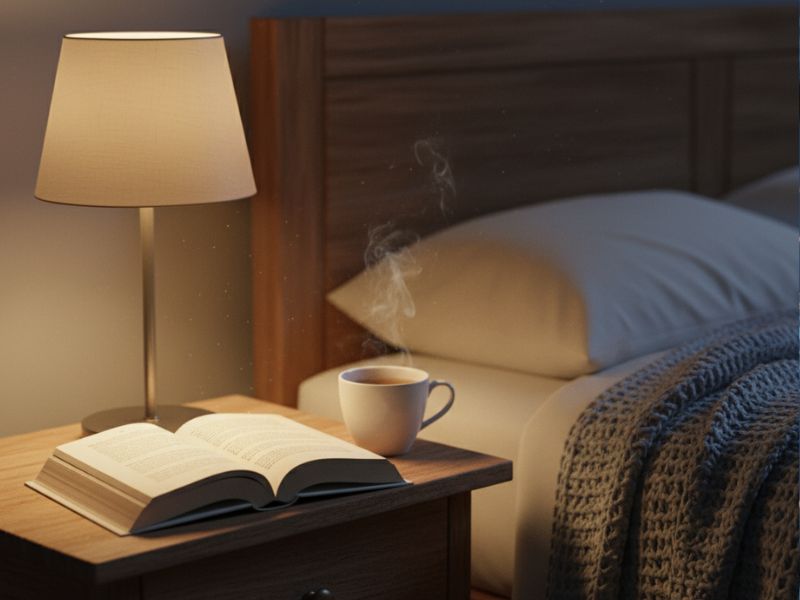 A cozy bedroom with a cup of tea, an open book, and soft lamp lighting beside a neatly made bed—showcasing a relaxing bedtime ritual that supports healthy sleep hygiene.