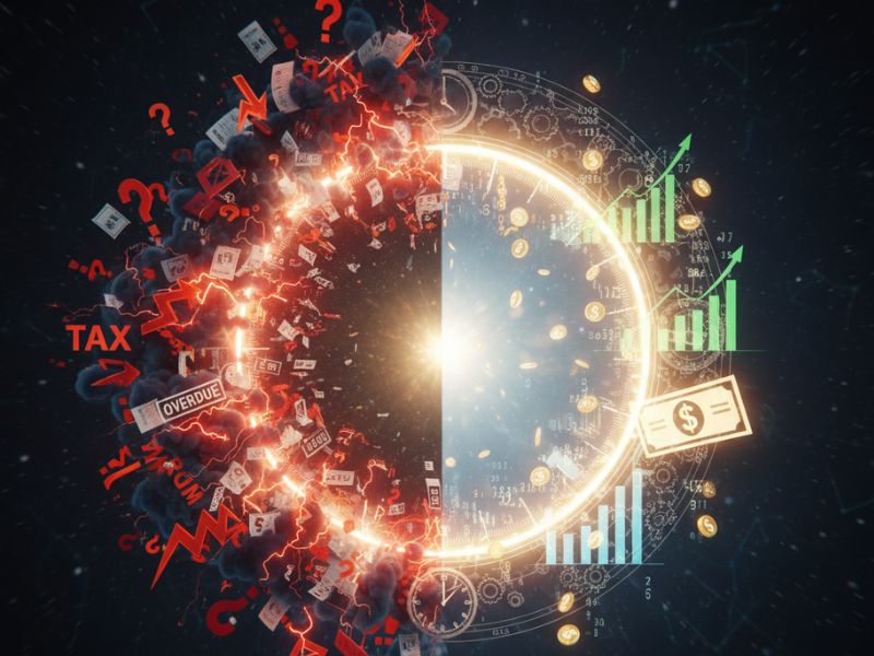 Dynamic burst of red and blue particles with currency symbols, visualizing the energetic shift triggered by early tax filing benefits."