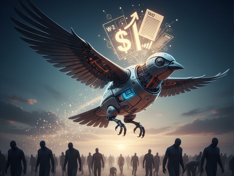 "Futuristic bird carrying dollar bills over silhouetted figures, symbolizing how early tax filing delivers financial control and peace of mind."