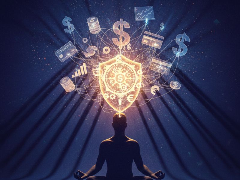"Person in meditation surrounded by glowing currency symbols and financial documents—symbolizing a powerful money mindset shift through inner clarity."