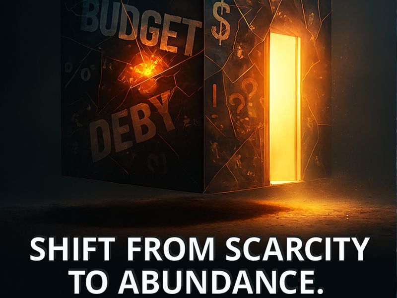 Dark room with debt and budget symbols on the walls, opening to radiant light—visualizing the breakthrough moment of shifting from scarcity to abundance.