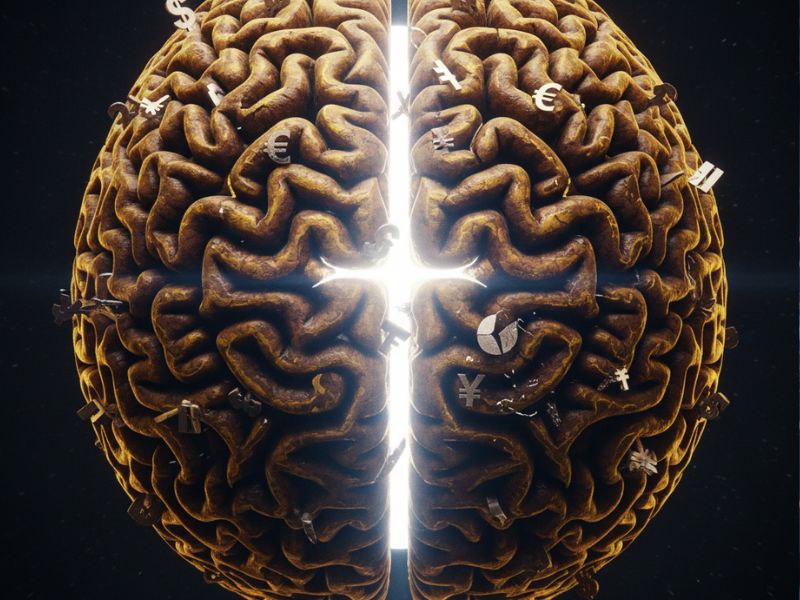 "Highly detailed brain split by radiant light—representing the mental rewiring that drives a transformative money mindset shift."