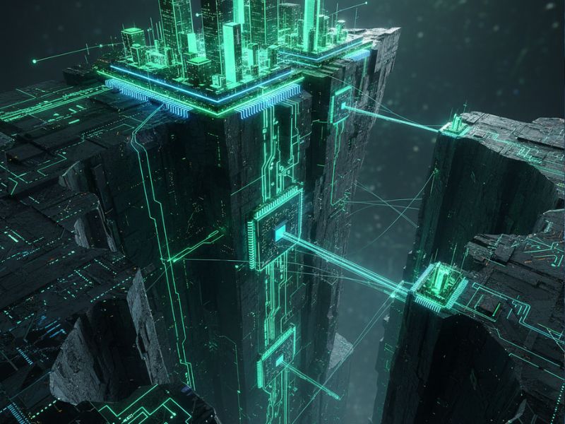 Glowing green data towers and platforms—depicting the rise of virtual cities in the future of tech."