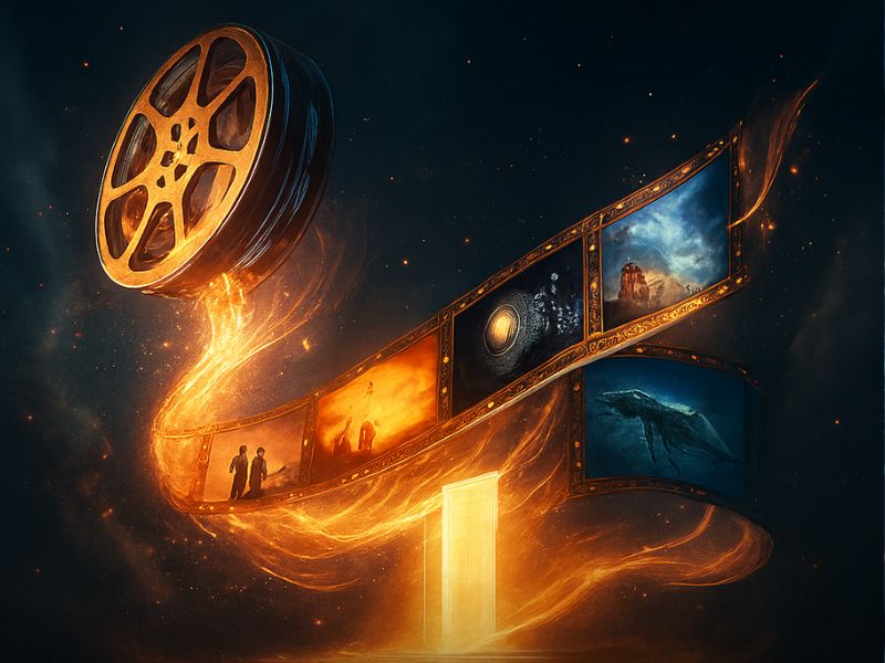 "Floating film reel transforming into cinematic scenes mid-air—representing limitless video creation in the future of tech."