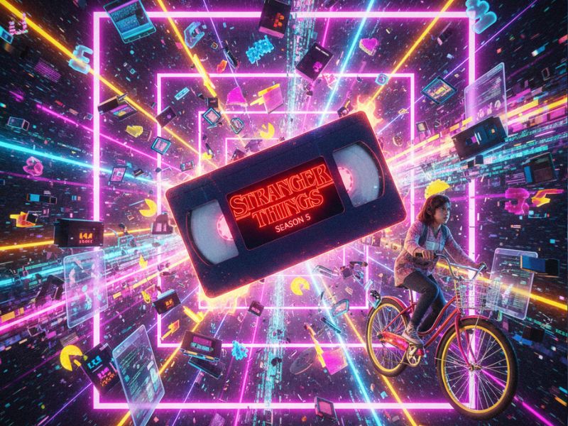 Stranger Things Season 5 VHS tape surrounded by neon bikes and geometric patterns, celebrating the show’s 1980s aesthetic and nostalgic energy.
