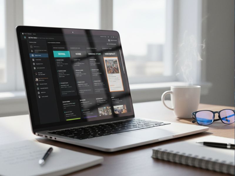 Laptop workspace with financial charts and article summaries curated by AI news assistant