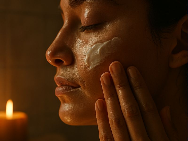 A close-up of someone applying facial cream under warm lighting, part of a soothing self-care routine that contributes to better sleep hygiene and nighttime relaxation.