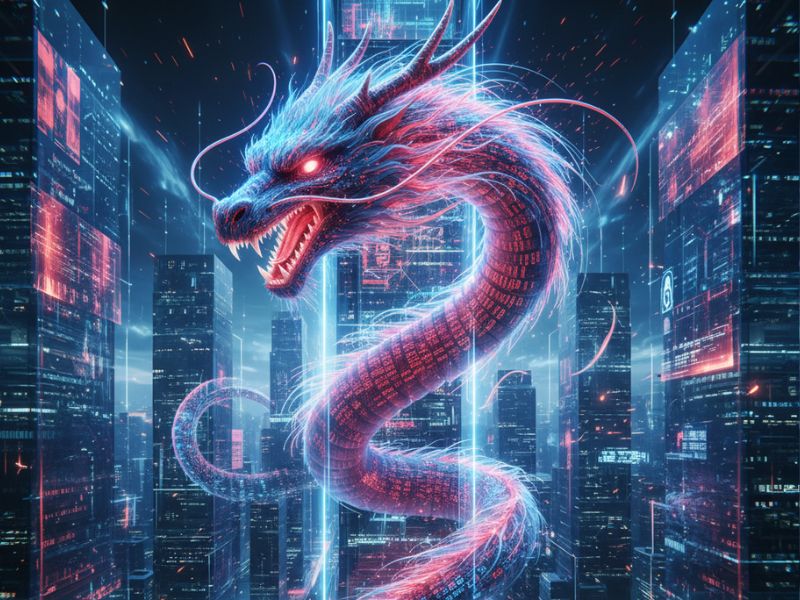 "Neon dragon soaring through a digital cityscape—blending myth and machine in the future of tech."