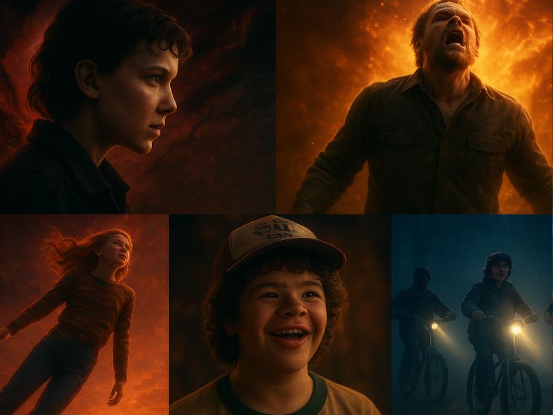 Stranger Things Season 5 cast portraits in dramatic lighting, capturing emotional depth, tension, and character evolution.
