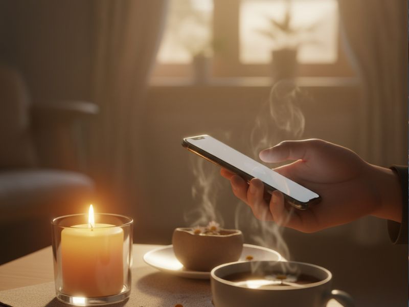 A hand holding a smartphone above a steaming cup and lit candles—illustrating a mindful wind-down moment that balances technology use with sleep hygiene practices.