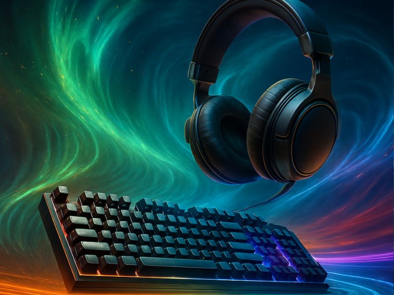 Must have gaming accessories featuring a mechanical keyboard and pro headset floating in a vibrant aurora swirl, symbolizing clarity and immersive sound.