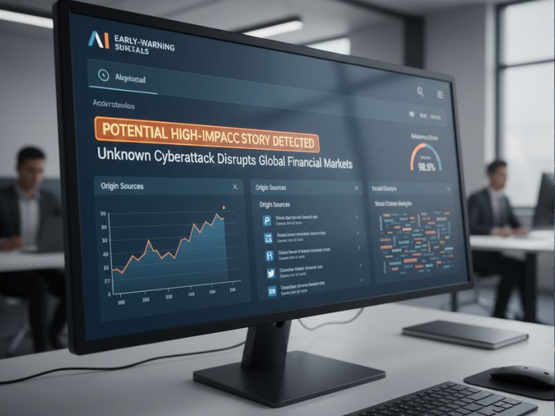Modern office monitor displaying business growth metrics via AI news assistant dashboard