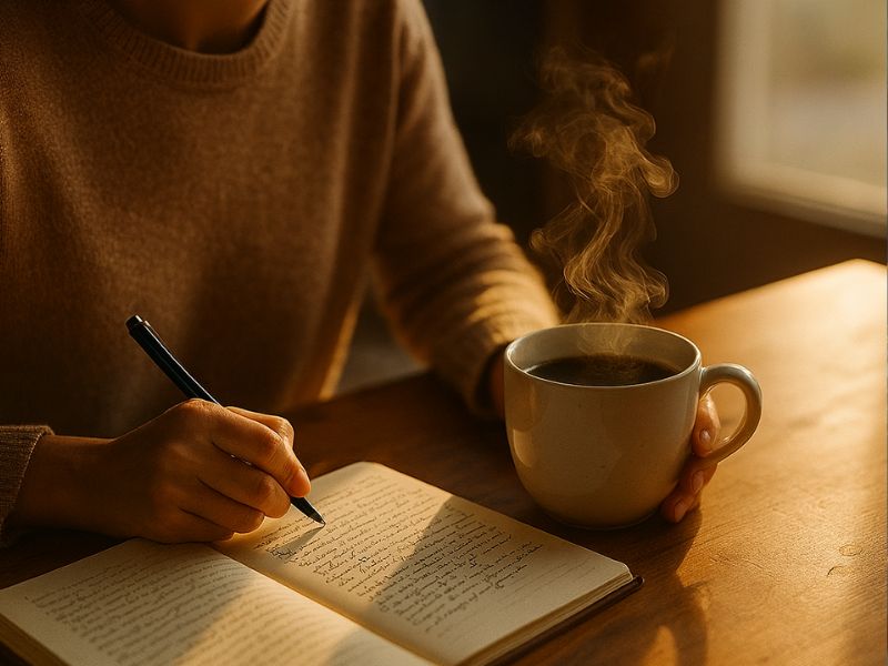 A person writing in a notebook while holding a steaming cup of coffee, surrounded by warm light—capturing a mindful moment of reflection and morning motivation.