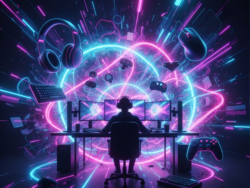 Must have gaming accessories in a futuristic multi-screen setup surrounded by glowing neon rings, ideal for immersive gameplay and streaming.