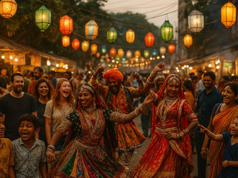 Street celebration with lanterns and dancers at a photogenic Indian festival in India – Crowds in colorful clothing revel under glowing lanterns, capturing the spirit of Indian street festivities.