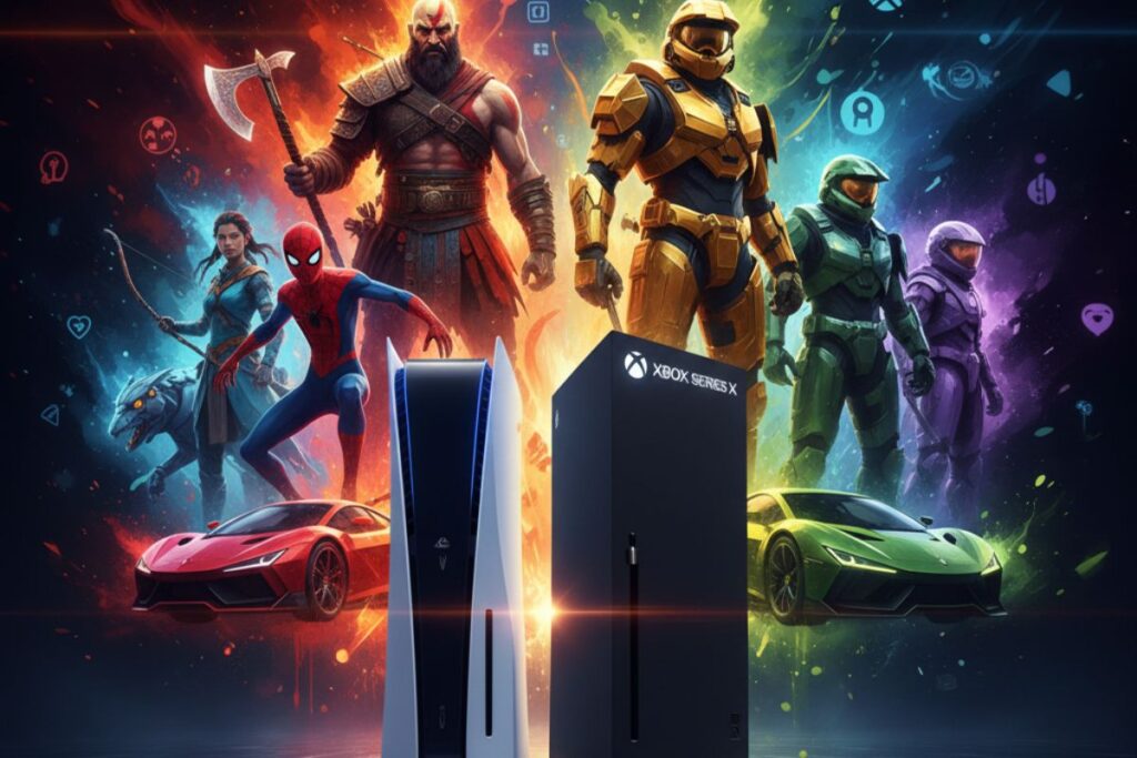 PS5 vs Xbox Series X with iconic video game characters in a vibrant, action-packed setting emphasizing game diversity and excitement