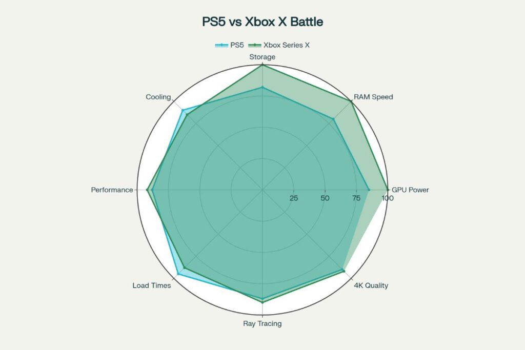 PS5 vs Xbox Series X radar chart comparing graphics, game selection, load speed, controller design, and price/value.