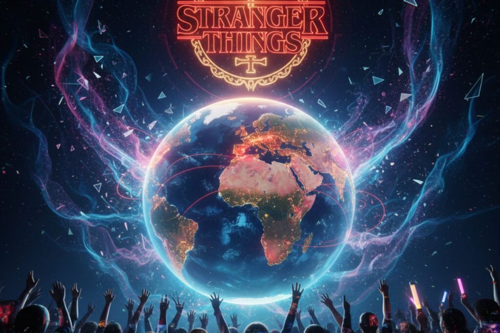 Stranger Things Season 5 logo above a glowing Earth with cheering silhouettes, representing worldwide impact and fan anticipation.