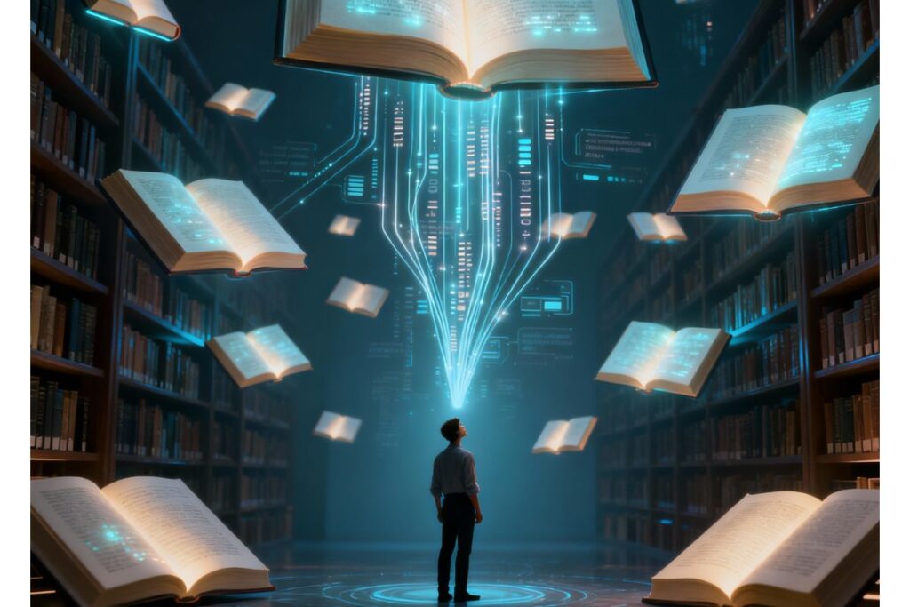 “A figure stands beneath glowing books and descending data streams—illustrating elicit AI research as a bridge between traditional knowledge and futuristic intelligence.”