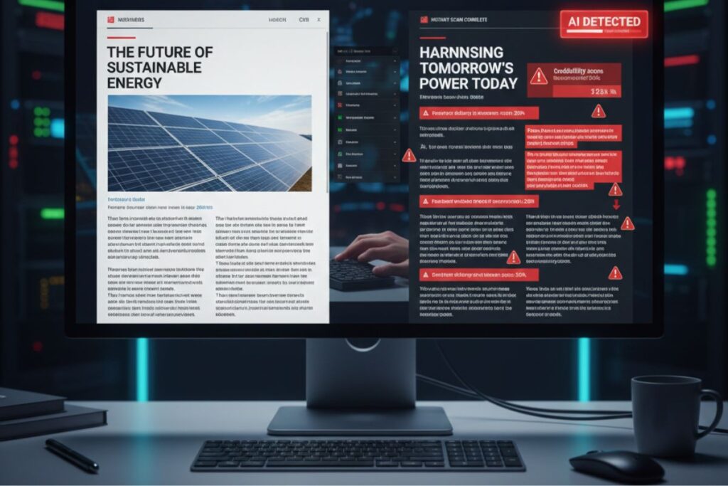 Computer screen highlighting articles and misinformation flagged by fact-checking AI tools