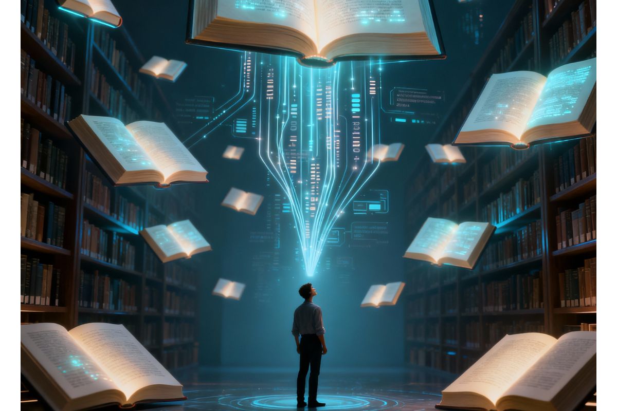 “A figure stands beneath glowing books and descending data streams—illustrating elicit AI research as a bridge between traditional knowledge and futuristic intelligence.”