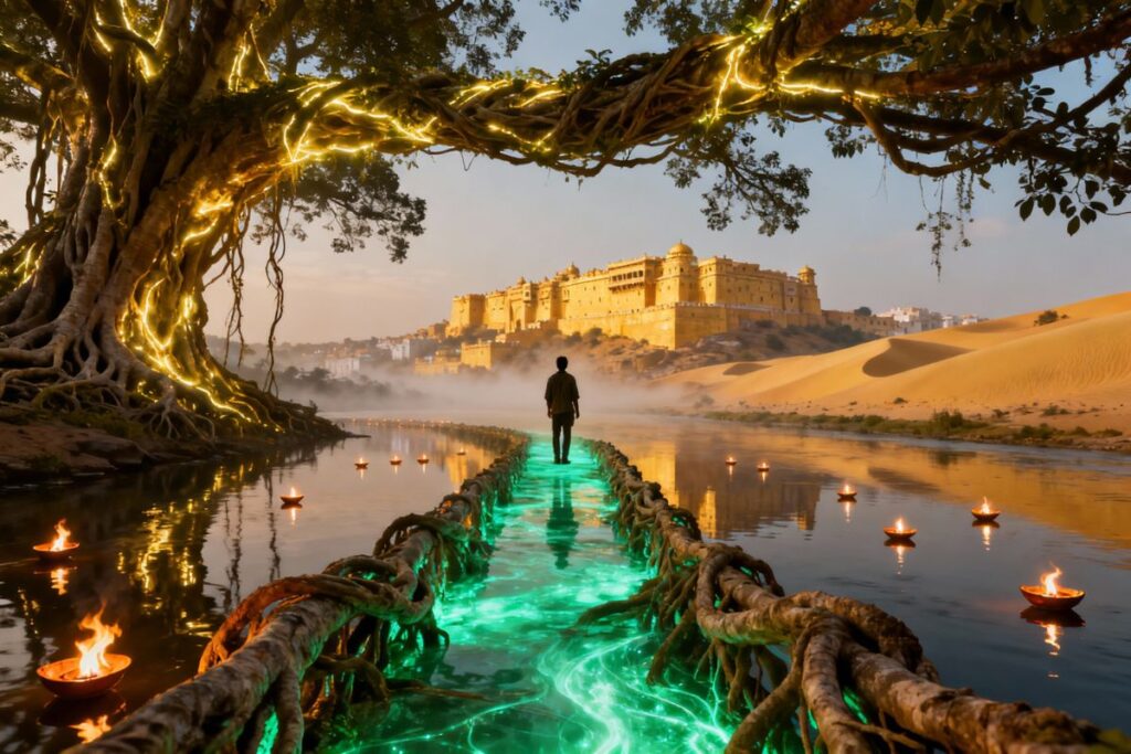 Dreamlike green bridge leading to a desert palace—symbolizing the magic of November travel destinations India.