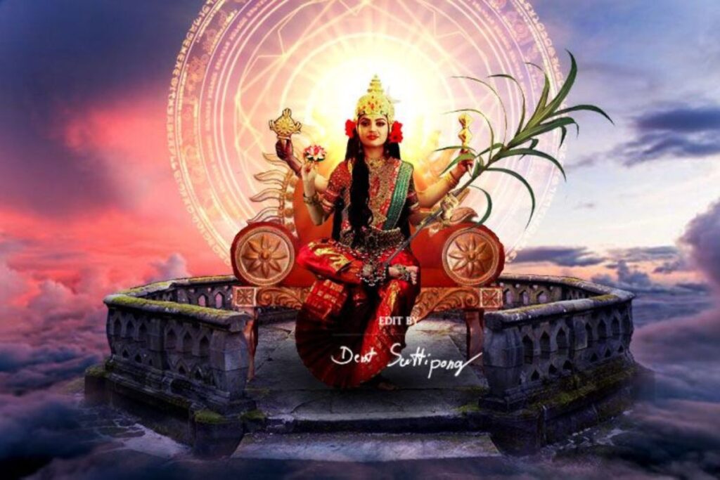 Divine feminine seated on a radiant lotus throne—symbolizing the grace and power awakened when you learn Lalita Sahasranama.